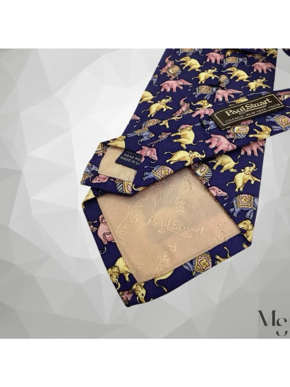 PAUL STUART Blue Elephants Print Luxury Silk Necktie H.M In USA 58
